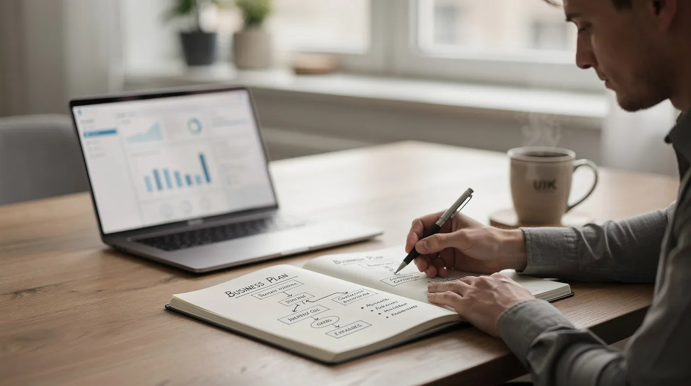 A veteran entrepreneur is seated at a desk, diligently writing notes and sketching a business plan while using a laptop, with a coffee mug nearby. This scene captures the essence of small business ownership and the dedication of veteran owned small businesses as they prepare for new ventures.