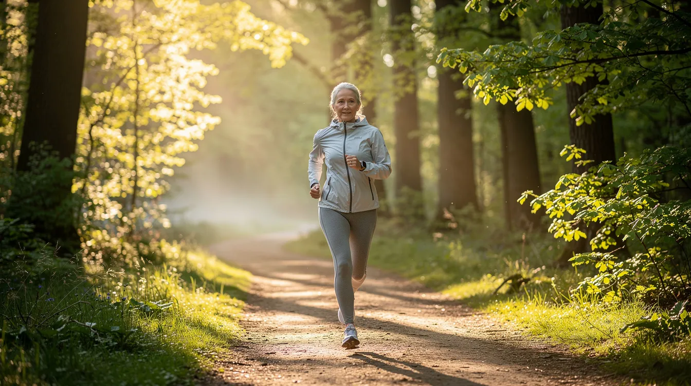 An active senior woman jogs along a nature trail, surrounded by lush green trees illuminated by the soft morning light, embodying a healthy lifestyle that supports brain health and cognitive function. Regular exercise, like jogging, can help protect brain cells and boost memory, contributing to overall mental clarity as we age.
