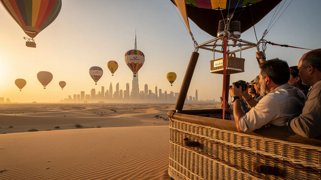 A imagem mostra um passeio de balão sobre o deserto dos Emirados Árabes Unidos, com vistas deslumbrantes das dunas de areia e do horizonte de Dubai ao fundo, incluindo o famoso Burj Khalifa. O céu azul e as cores quentes do amanhecer criam uma atmosfera mágica, ideal para turistas que desejam explorar a beleza natural da região.