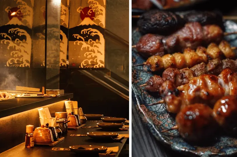A split image featuring a moody, dimly lit izakaya bar setting with condiment jars and Mount Fuji decor on the left, paired with a mouth-watering close-up of heavily glazed, caramelized meat skewers on the right.