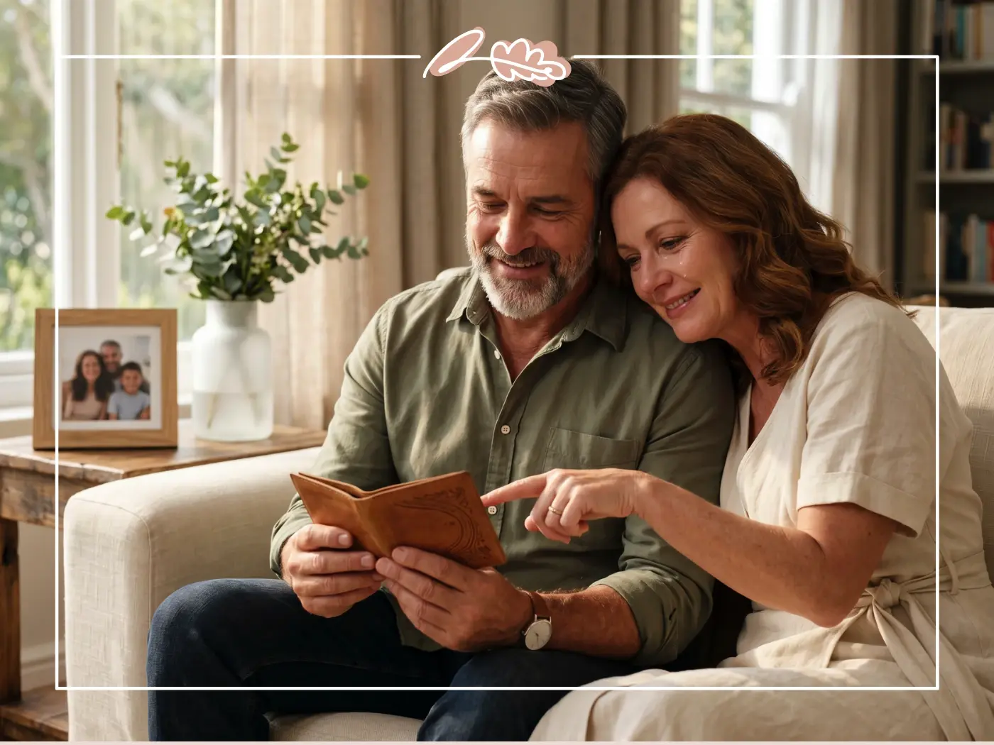 Father holding an engraved leather wallet with his wife at home, a personalised Father's Day keepsake gift