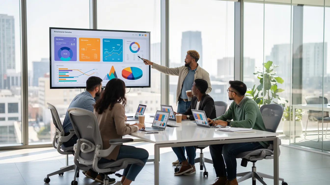 A diverse team of professionals is gathered around a large table in a modern office, collaboratively reviewing dashboards displayed on laptops and monitors. They are discussing complex workflows and utilizing various AI tools to build custom AI agents that automate repetitive tasks and enhance productivity.