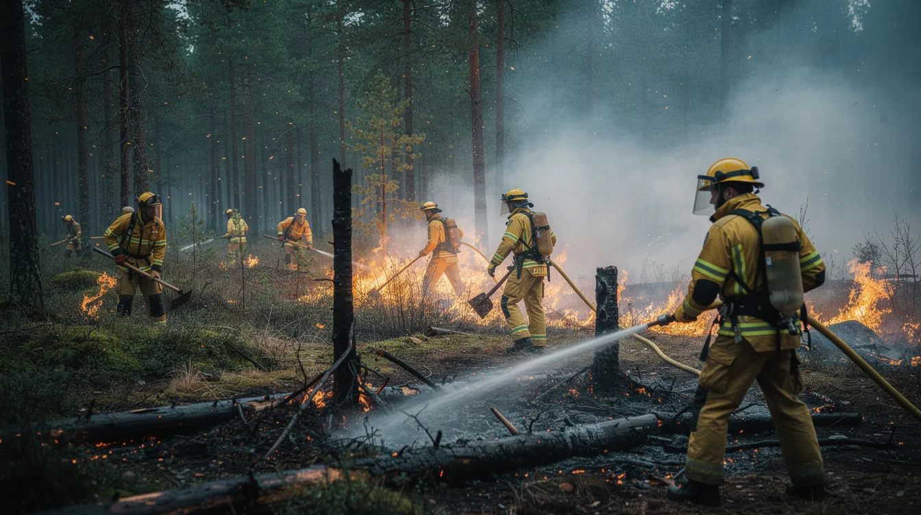 Firefighters in yellow gear are actively working along a fire line in a boreal forest, focused on fire management to combat wildfires in Alaska. The scene shows the team engaged in fire protection efforts, surrounded by smoke and vegetation as they respond to the challenges posed by lightning strikes and fire behavior in the region.