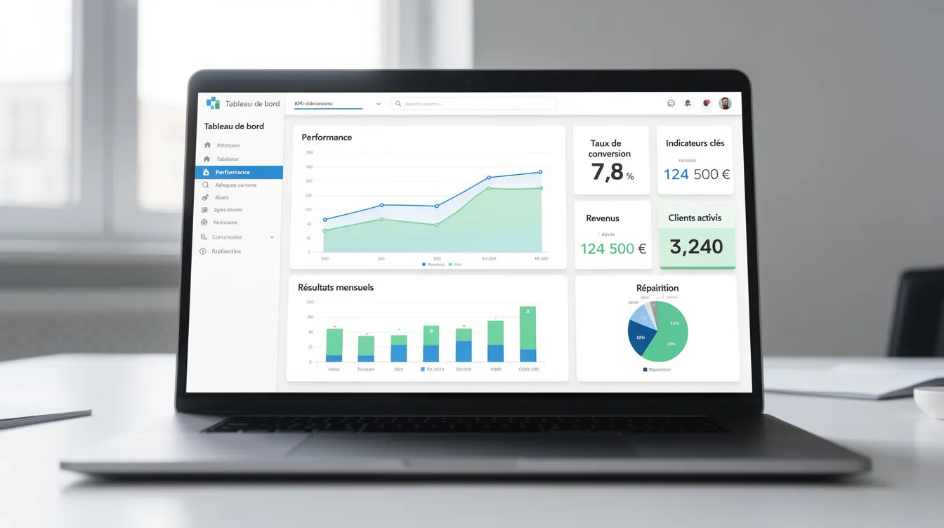 Tableau de bord affichant des graphiques de performance sur un ordinateur portable.