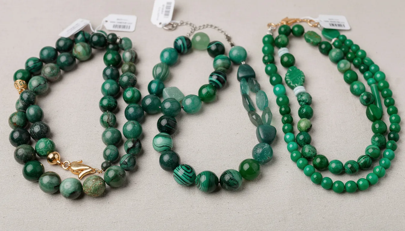 The image features a collection of elegant green bead necklaces in various styles, showcasing beads made from natural gemstones and man-made materials. Each necklace highlights the beauty and uniqueness of the beads, making them perfect for different occasions and tastes.