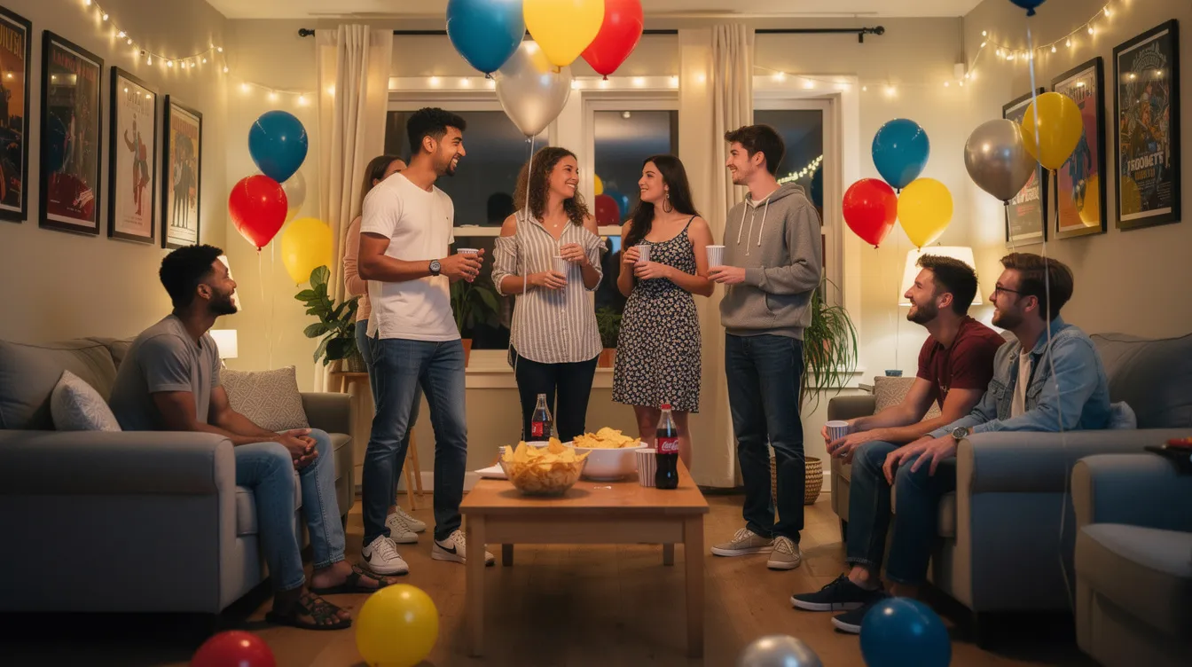 A lively house party scene features young adults laughing and socializing, surrounded by colorful balloons. Some individuals are using whipped cream canisters, which are often associated with inhaling nitrous oxide, raising concerns about the potential health risks and dangers of misuse.