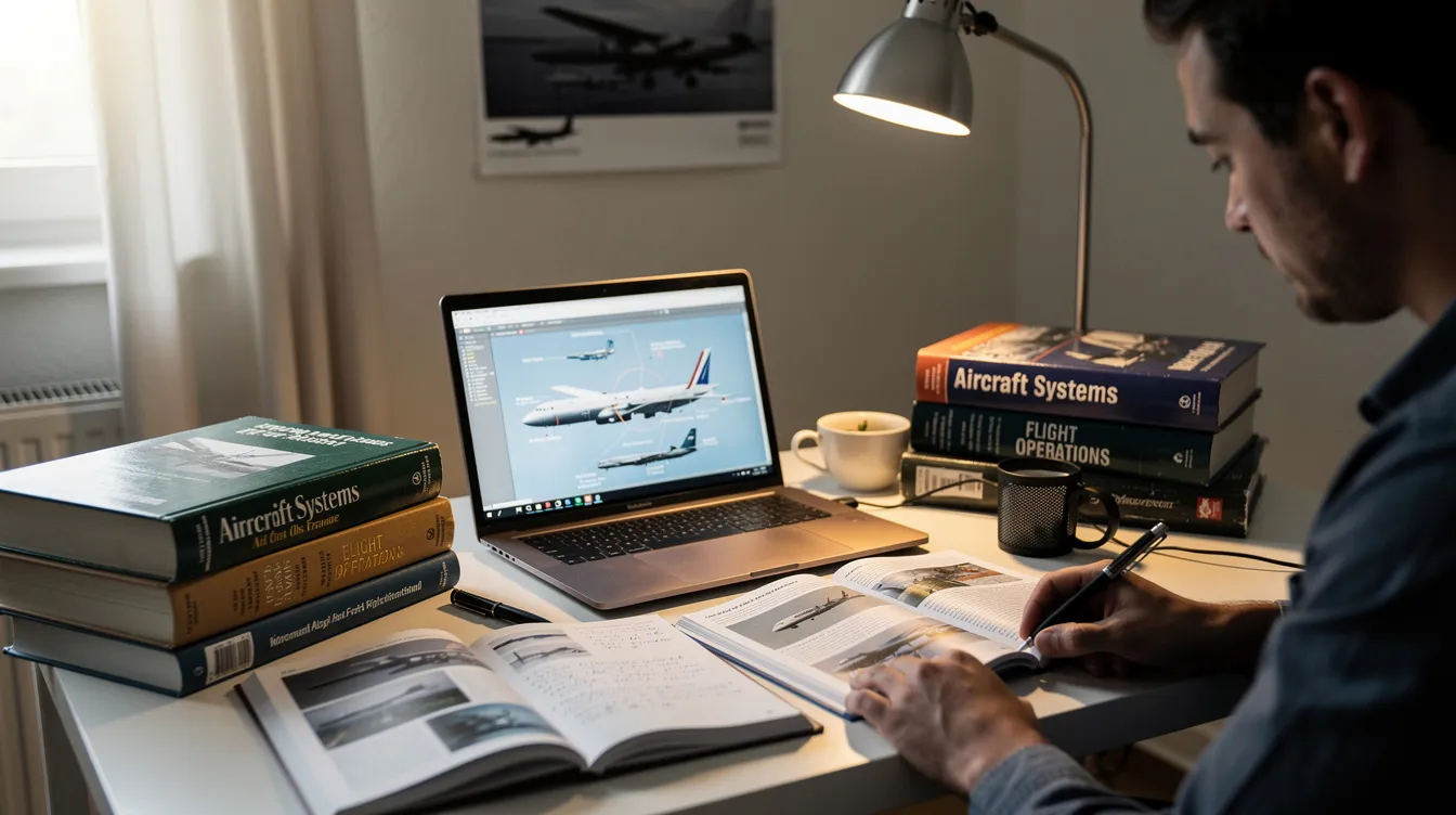 A person is seated at a desk, intently studying with a laptop open and aviation reference books spread out, preparing for the FAA written test. The scene emphasizes the importance of test prep and ground school materials in gaining knowledge for flight instruction.