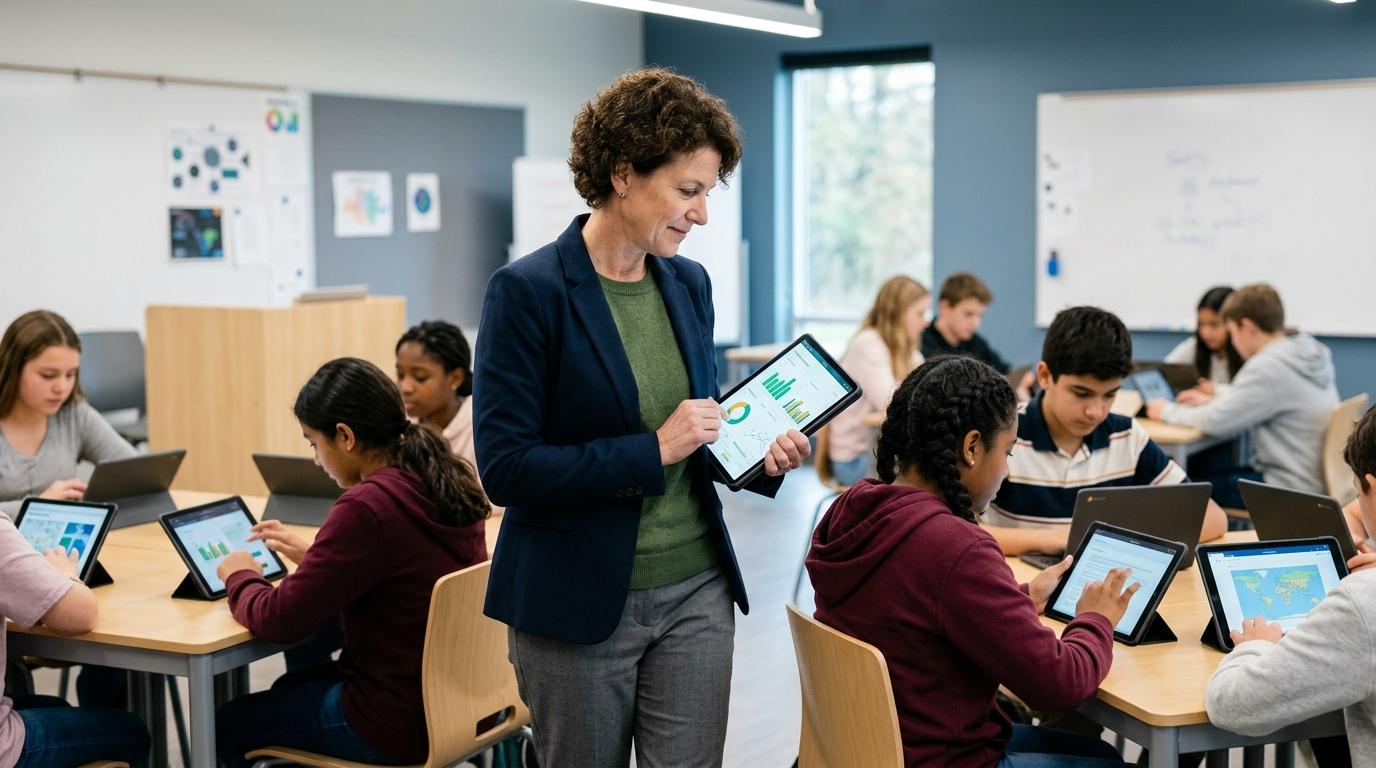 Teacher monitoring student learning trends through colorful performance graphs and assessment analytics while students complete digital classroom activities, professional educational setting.