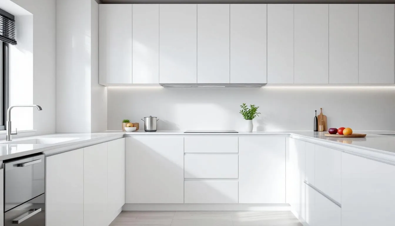 Matching countertops with shaker cabinets in a kitchen setting.