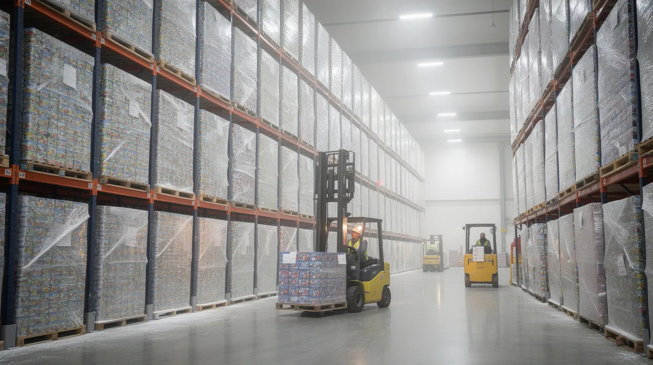 d89bf119 7442 4fc5 871f db09c338e1b2 The image depicts a large cold storage facility filled with pallets of frozen ice cream products, showcasing the operations of a busy ice cream manufacturing unit, where forklifts are actively moving goods. This scene highlights the essential cold chain infrastructure necessary for maintaining the quality and safety of ice cream products in the ice cream industry.