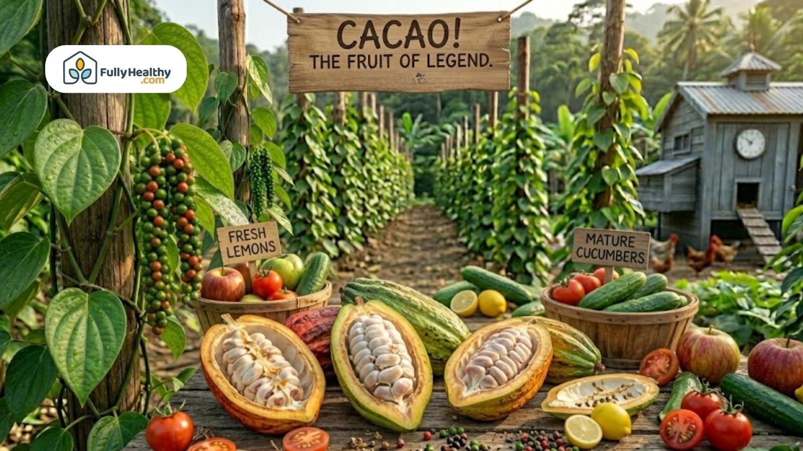 Cacao pods cut open showing beans displayed with fruits on farm