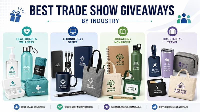 Trade show giveaway ideas by industry, including healthcare, technology, education, and hospitality promotional products.