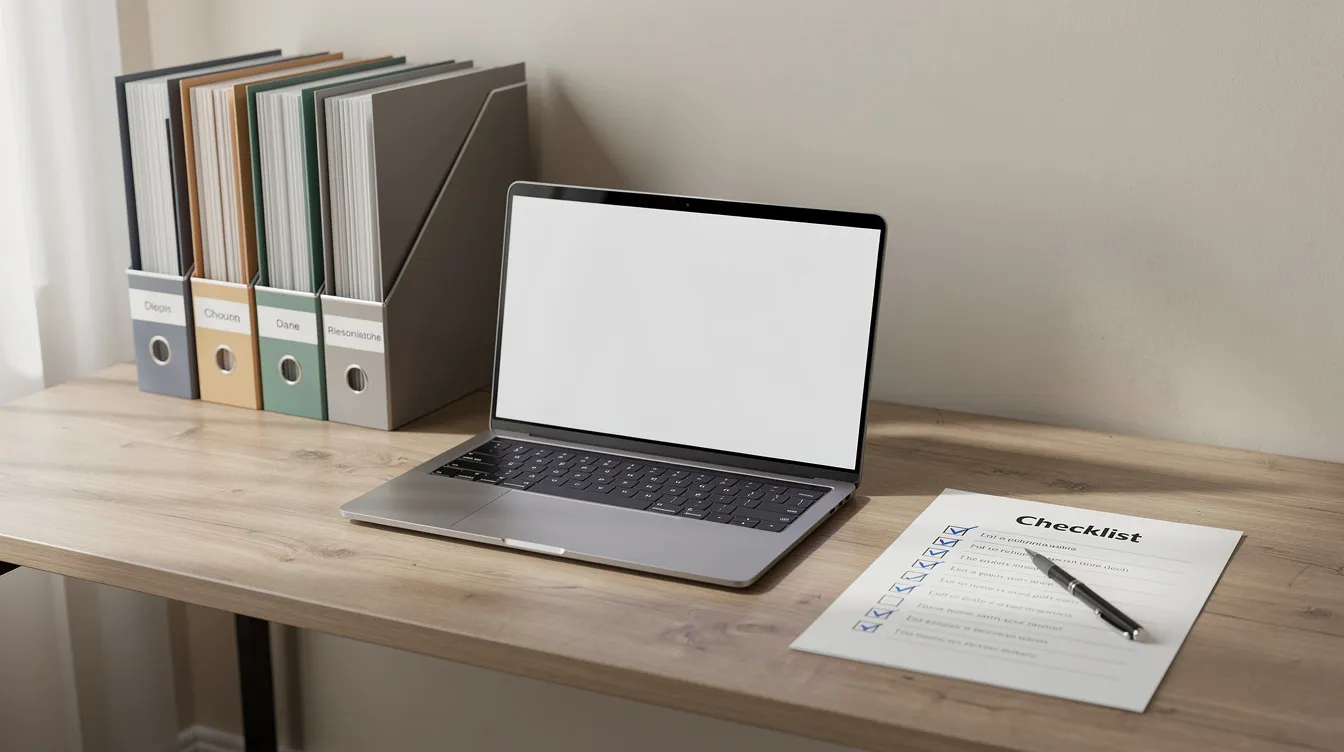 The image depicts a tidy desk featuring neatly organized file folders, a laptop, and a checklist on paper, suggesting a workspace focused on accurate financial reporting and regulatory compliance. This setup may be used by certified public accountants or auditing teams involved in the HUD audit process and financial audits for housing and urban development programs.