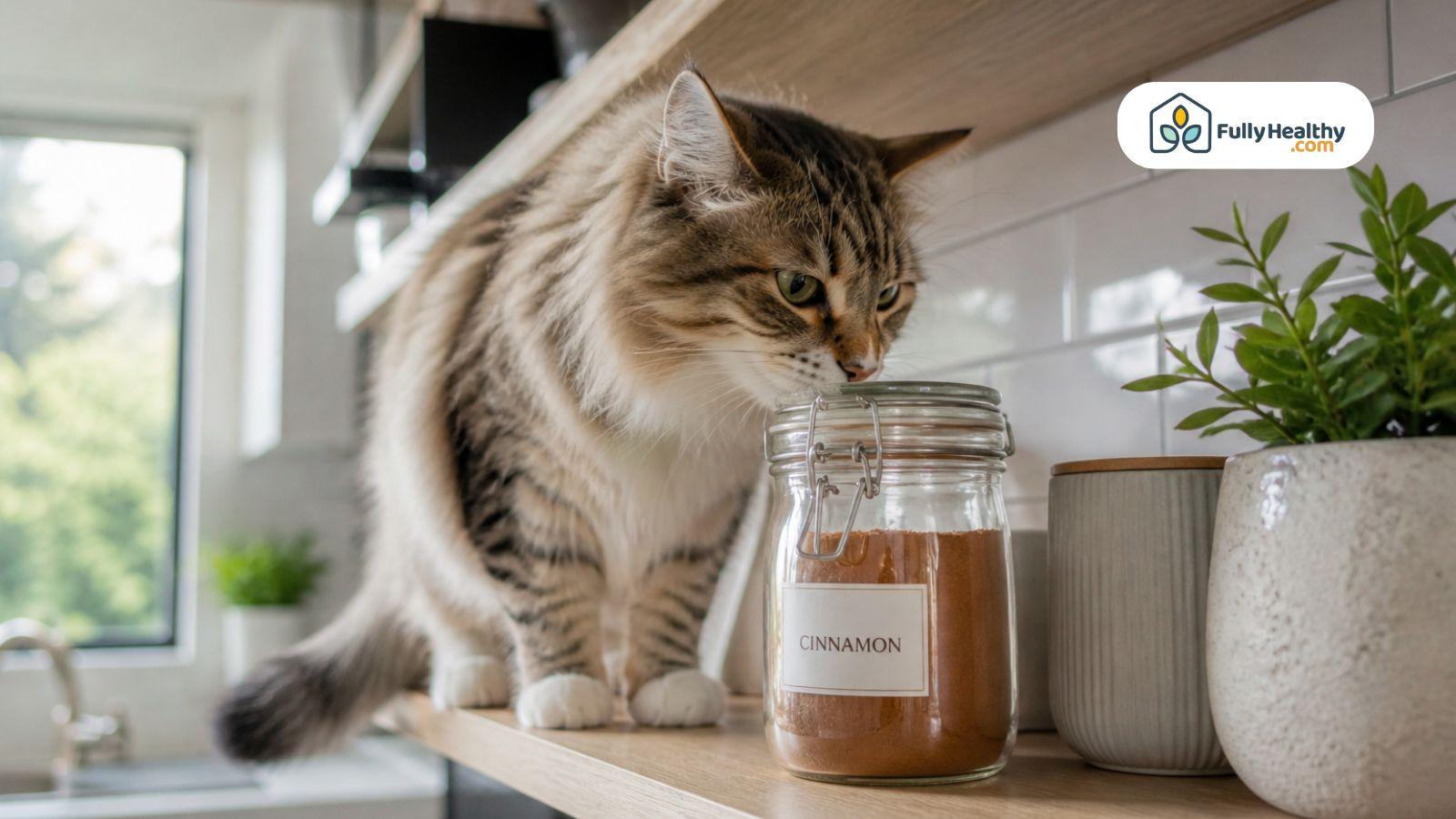Cat sniffing sealed cinnamon jar on shelf
