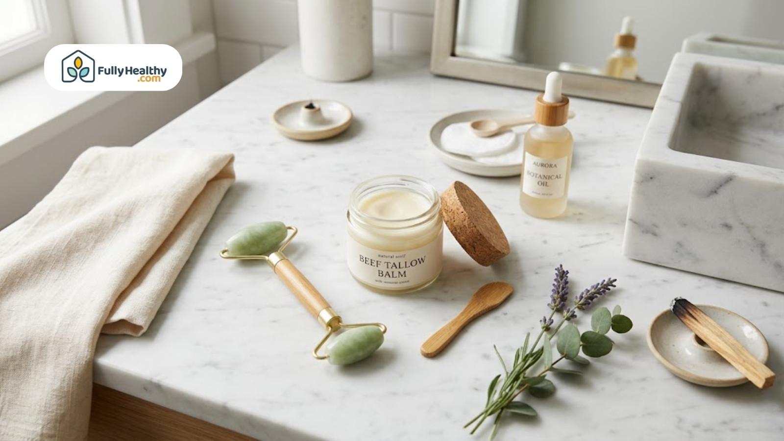 Bathroom countertop with beef tallow balm, jade roller, oils, and herbs