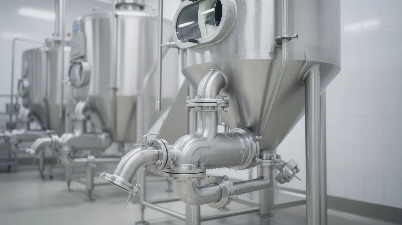 The image shows a close-up view of stainless steel mixing and blending equipment located in a dairy processing hall, highlighting the advanced dairy technology used in the manufacturing process of dairy products such as milk chocolate. The equipment is designed for optimal quality control and efficiency in the production of flavored milk and other dairy items.