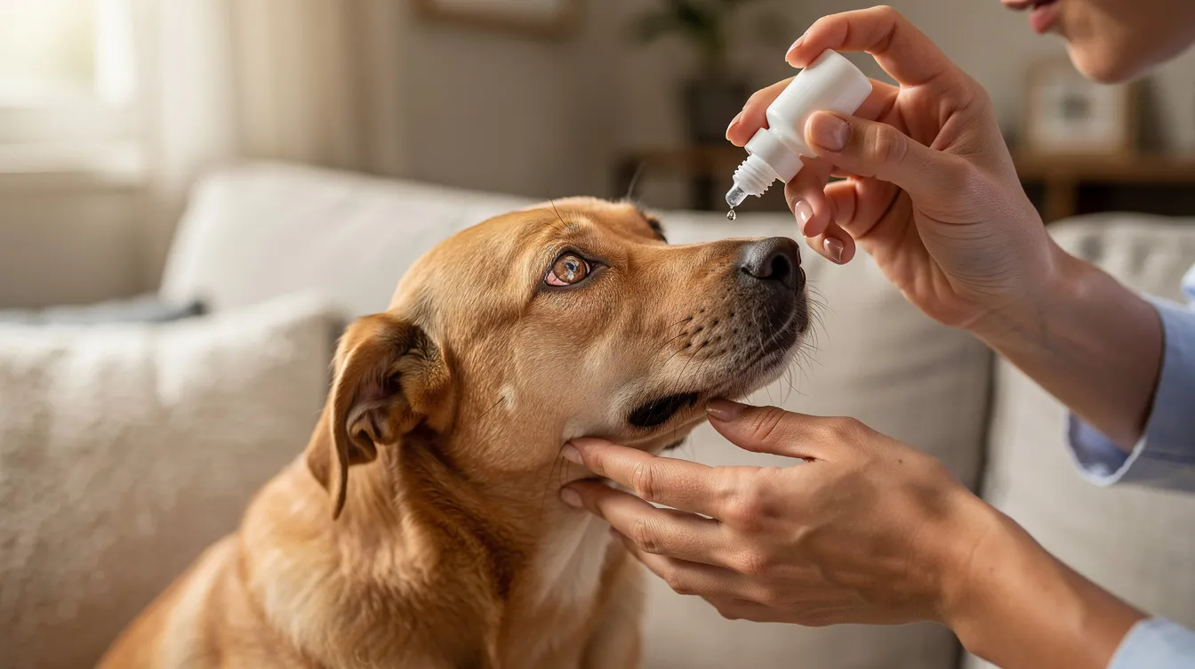 An owner is gently administering eye drops to their dog's affected eye to manage increased intraocular pressure, a common treatment for glaucoma in dogs. This medical management aims to reduce intraocular pressure and preserve the dog's vision, highlighting the importance of early intervention for eye diseases.