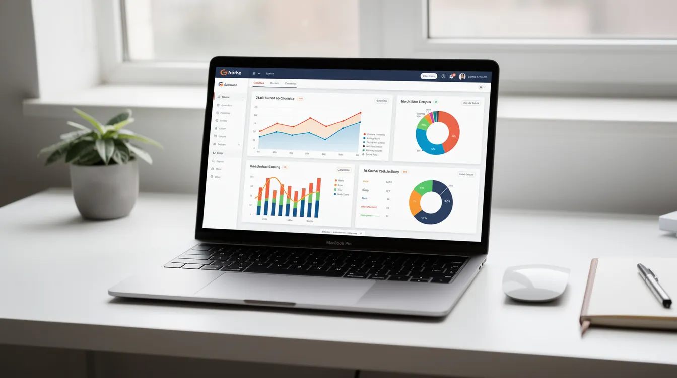 The image displays a laptop screen featuring data visualization dashboards filled with various charts and graphs, set against a clean and organized workspace. This scene reflects the analytical aspects of business consulting, showcasing how data analysis can drive strategic guidance and operational efficiency in business operations.