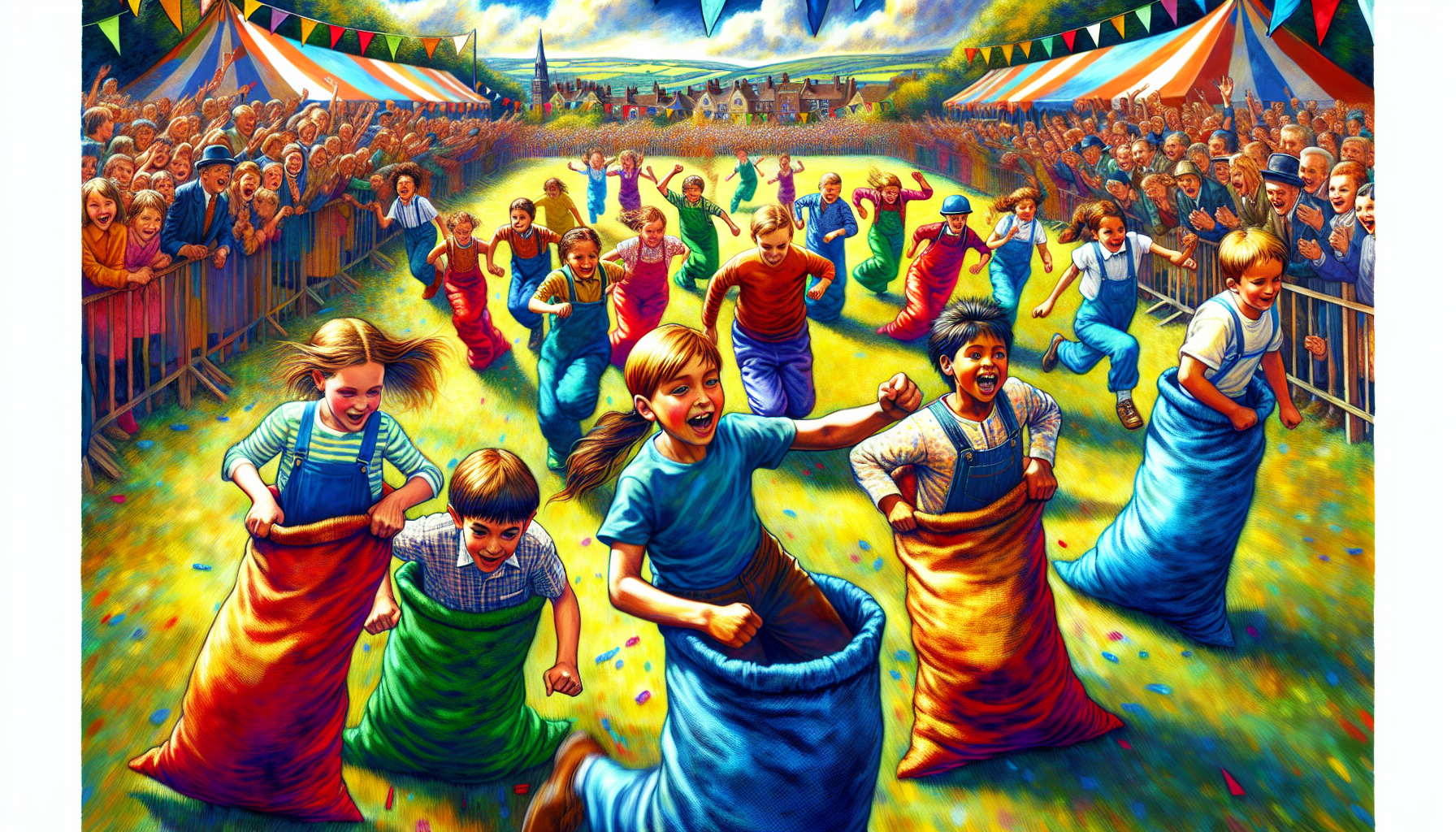 Colorful illustration of children participating in a potato sack race at an event