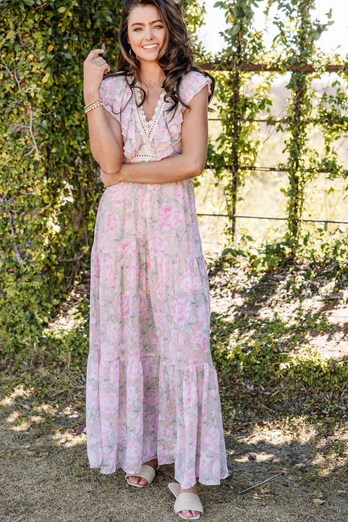 Peach Pink Floral Maxi Dress paired with flat sandals