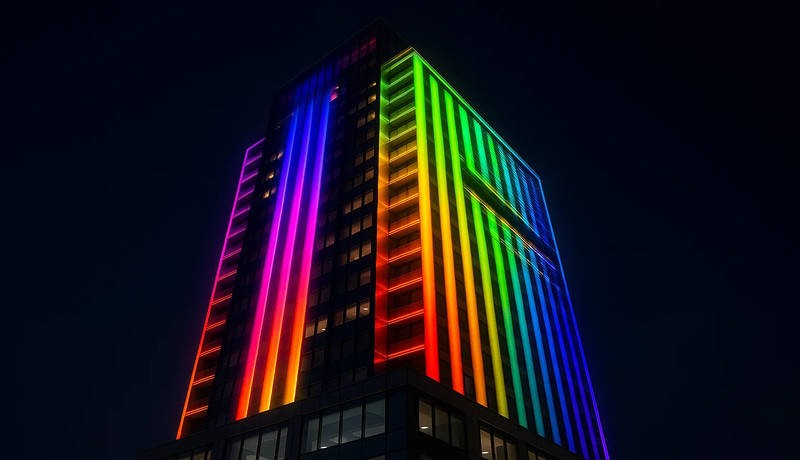 High-rise building illuminated with dynamic RGB facade lighting at night