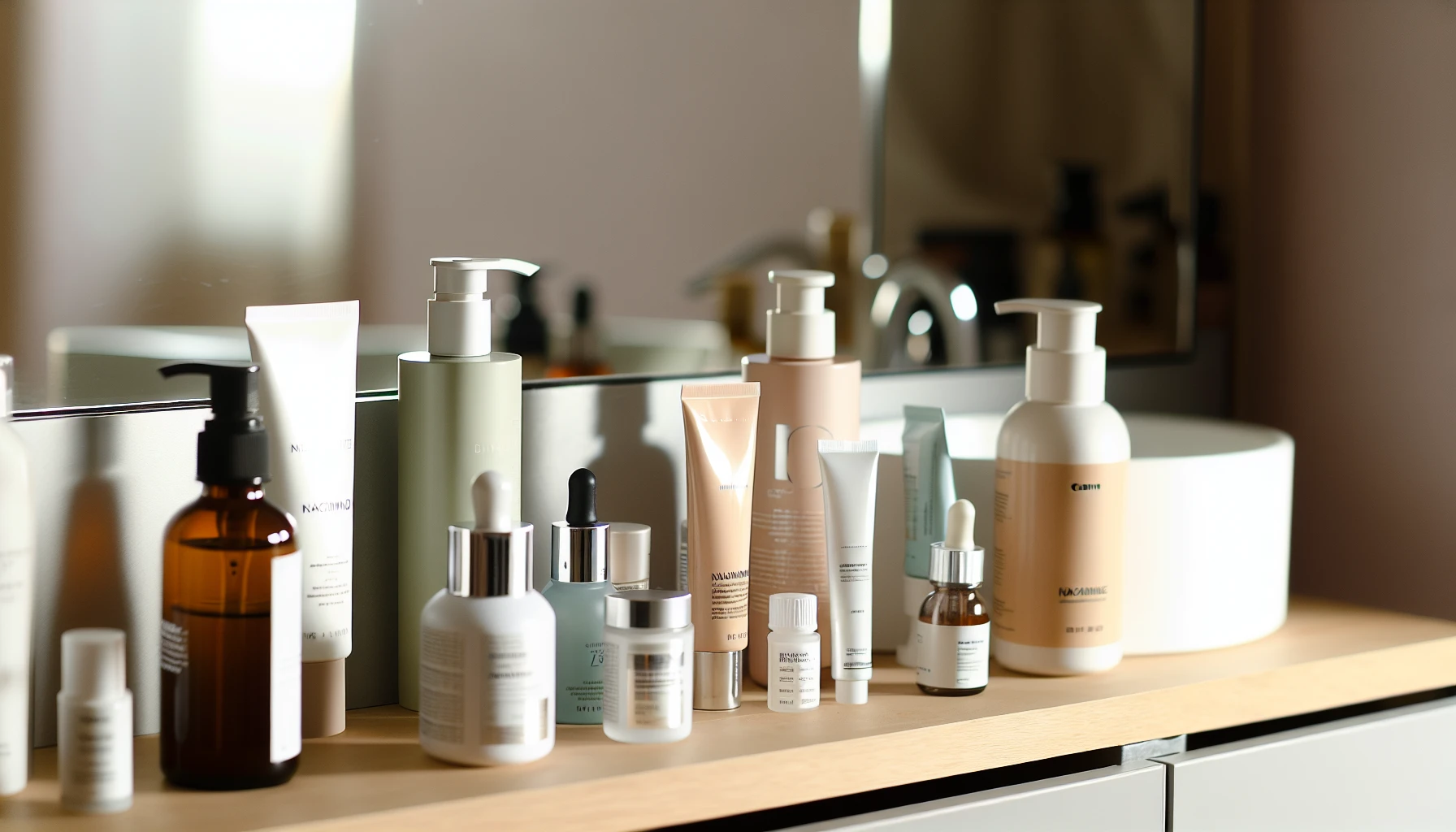 A variety of skincare products arranged neatly on a vanity table