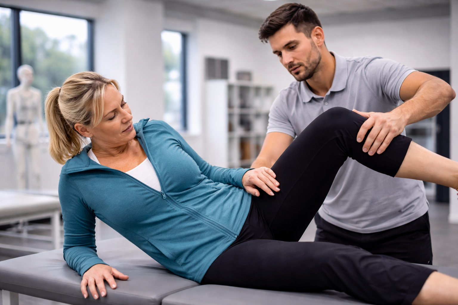 Therapist assisting hip strengthening exercise to improve mobility and reduce hip discomfort