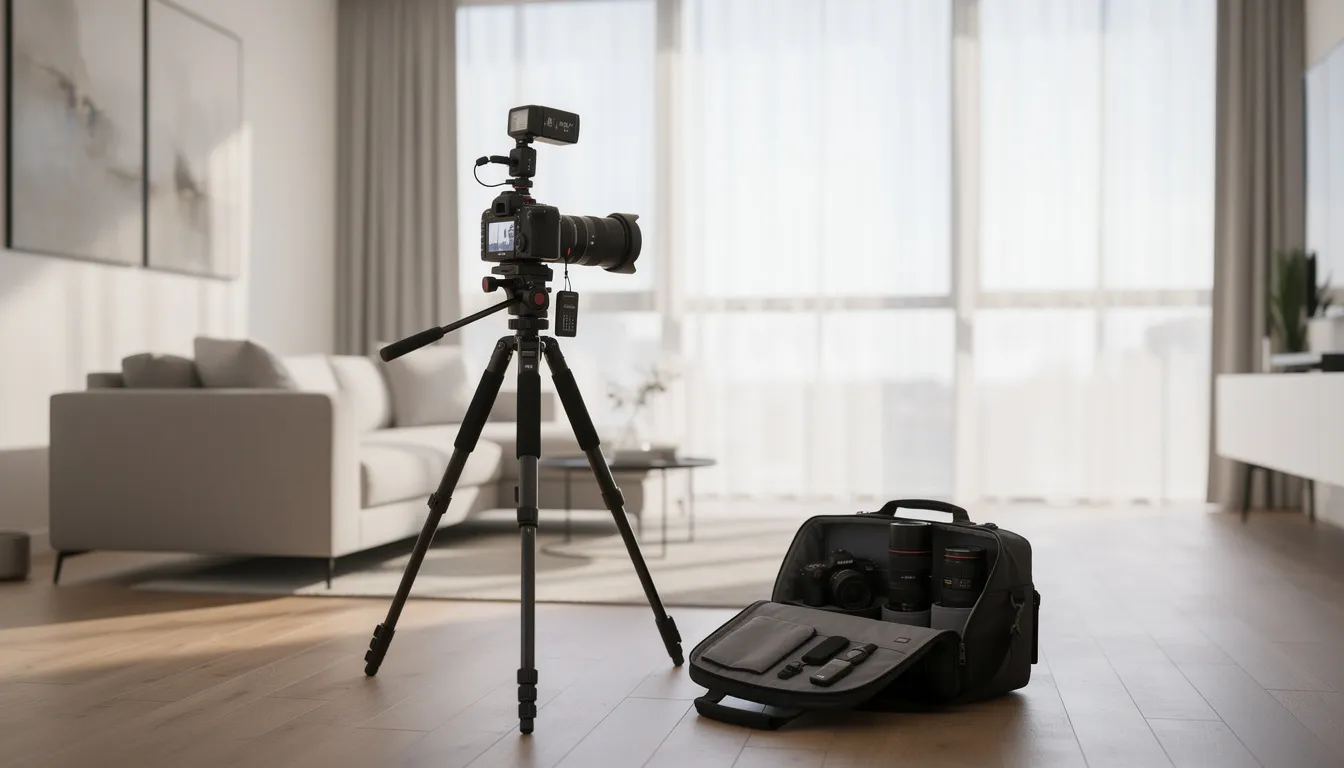 The image depicts professional camera equipment capturing the interior of a modern apartment, showcasing stylish furnishings and open spaces that highlight effective property management practices. This setting is ideal for property managers looking to attract prospective tenants and enhance tenant satisfaction through appealing visuals of rental properties.
