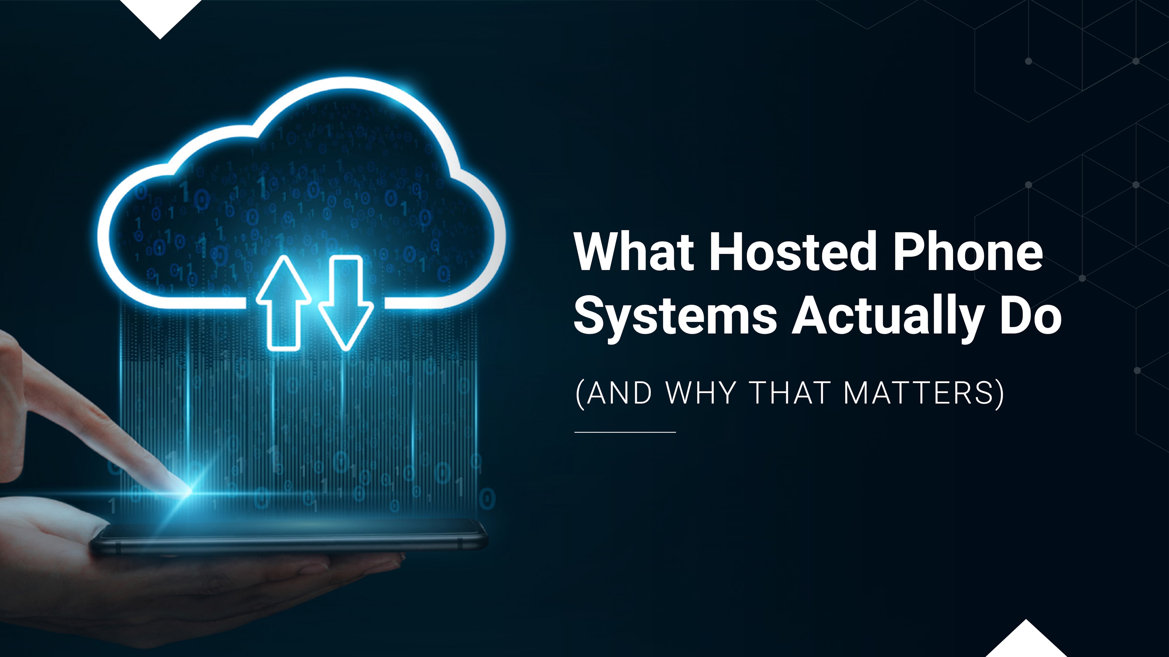 Illustration of a glowing cloud icon with upload and download arrows above a tablet, symbolizing data exchange in hosted phone systems.