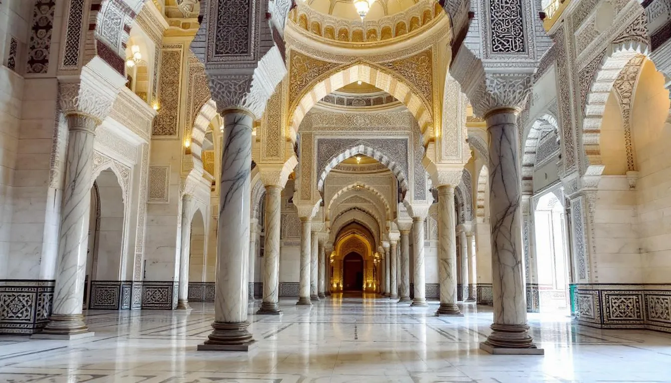 The image features the ornate Saadian Tombs in Marrakech, Morocco, showcasing intricate carved decorations and elegant marble columns that reflect the rich cultural heritage of the region. This UNESCO World Heritage site is a significant attraction for travelers exploring Marrakech's historical landmarks.
