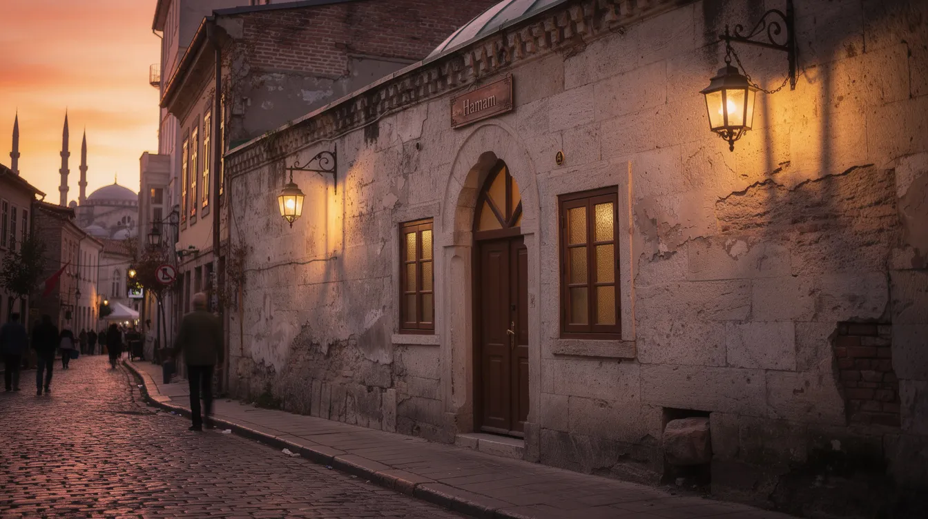 La imagen muestra la fachada discreta de un hamam otomano en una calle histórica de Estambul, iluminada por la suave luz del atardecer. Este baño turco, símbolo de la rica historia del imperio otomano, invita a la relajación y al ritual de limpieza que caracteriza a estos espacios.