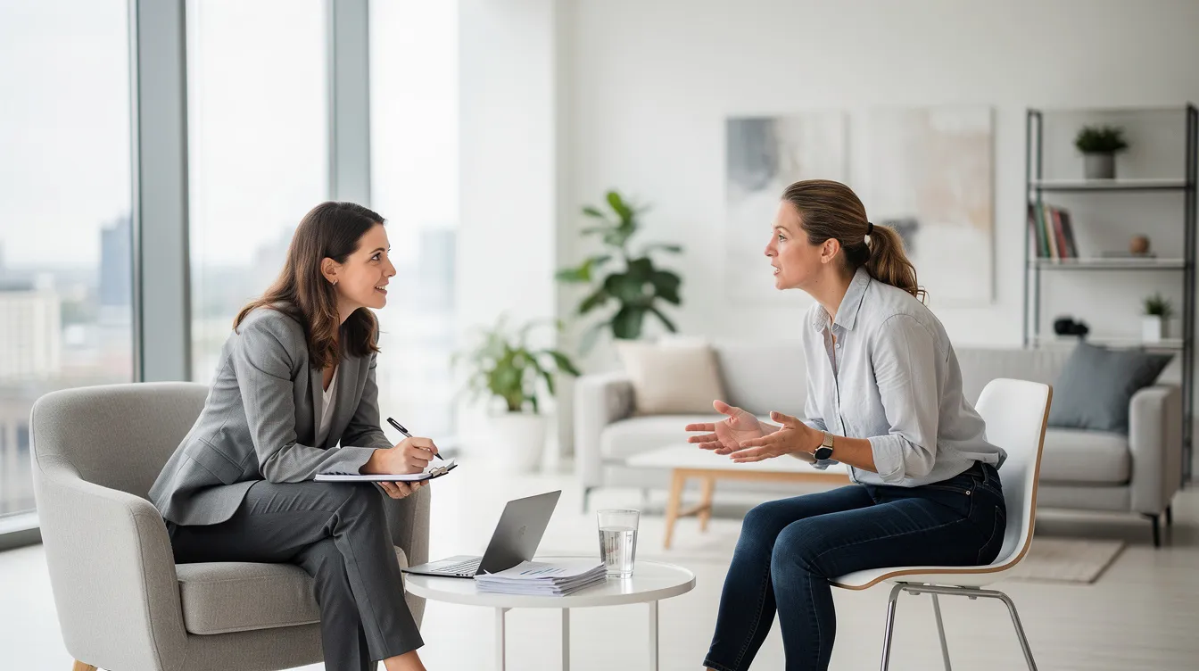 Une séance de coaching professionnel en tête-à-tête se déroule dans un bureau contemporain lumineux, où un coach accompagne une personne pour développer sa confiance en soi au travail. L'échange met l'accent sur la connaissance de soi, le développement personnel et l'estime de soi, favorisant ainsi un environnement propice à la prise de décision et au leadership.