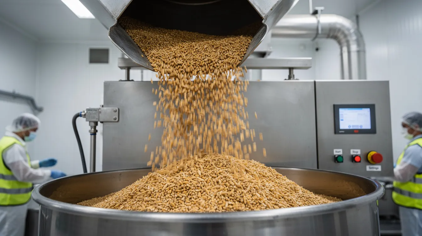 Wheat grains are being loaded into an automatic flour mill in a factory, showcasing the industrial process of flour production. The milling machine is designed for high capacity, ensuring quality grinding for various food products like chakki atta.