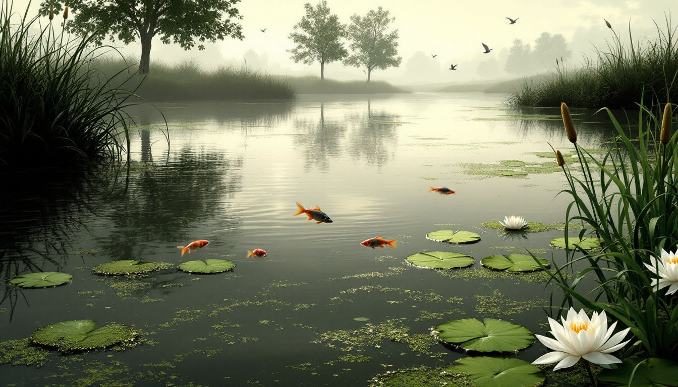 A murky pond with cloudy water, illustrating common issues with pond water clarity.