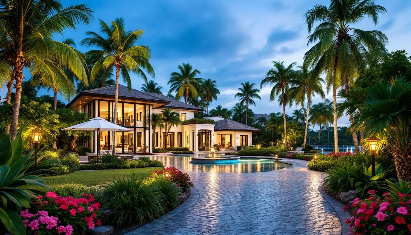 The image depicts a luxury single-family home in Tarpon Point, surrounded by lush tropical landscaping and offering sweeping waterfront views of the Caloosahatchee River. The property features a resort-style pool and is located within walking distance of fine dining and boutique shops in Cape Coral, FL.