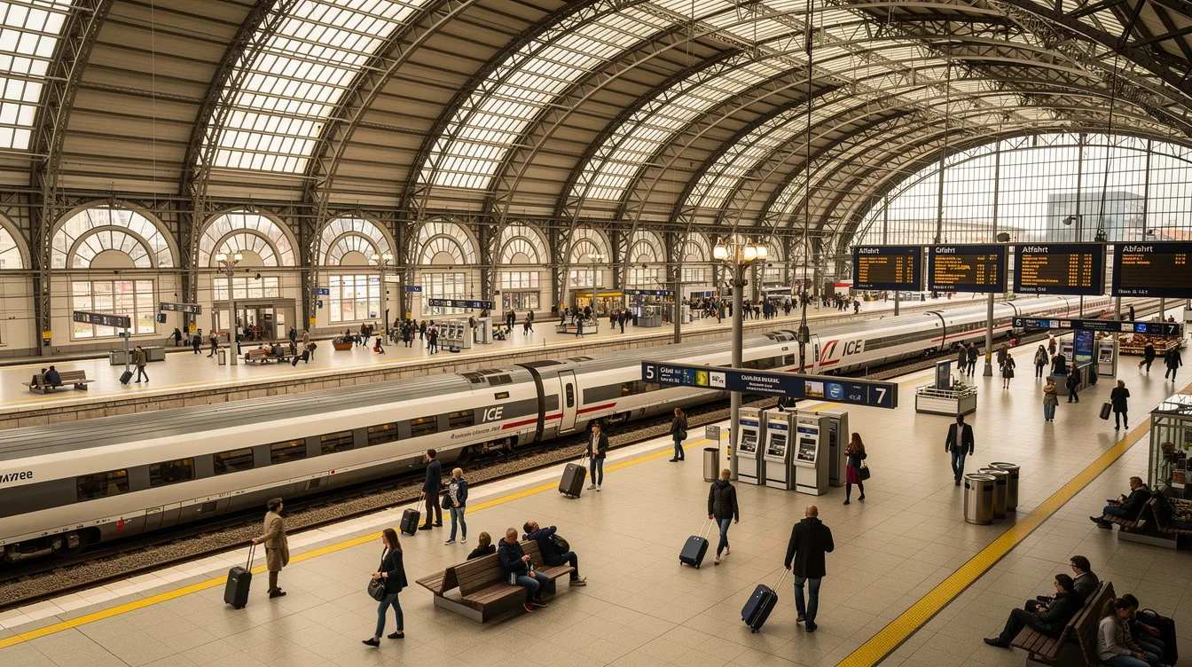 The image shows a bustling interior of a large German train station with a glass roof, featuring departure boards displaying train schedules, passengers navigating the platforms, and multiple trains, including intercity and regional express trains, ready for departure. This vibrant scene highlights the efficiency of the German rail network, where travelers can buy train tickets online and plan their journeys seamlessly.