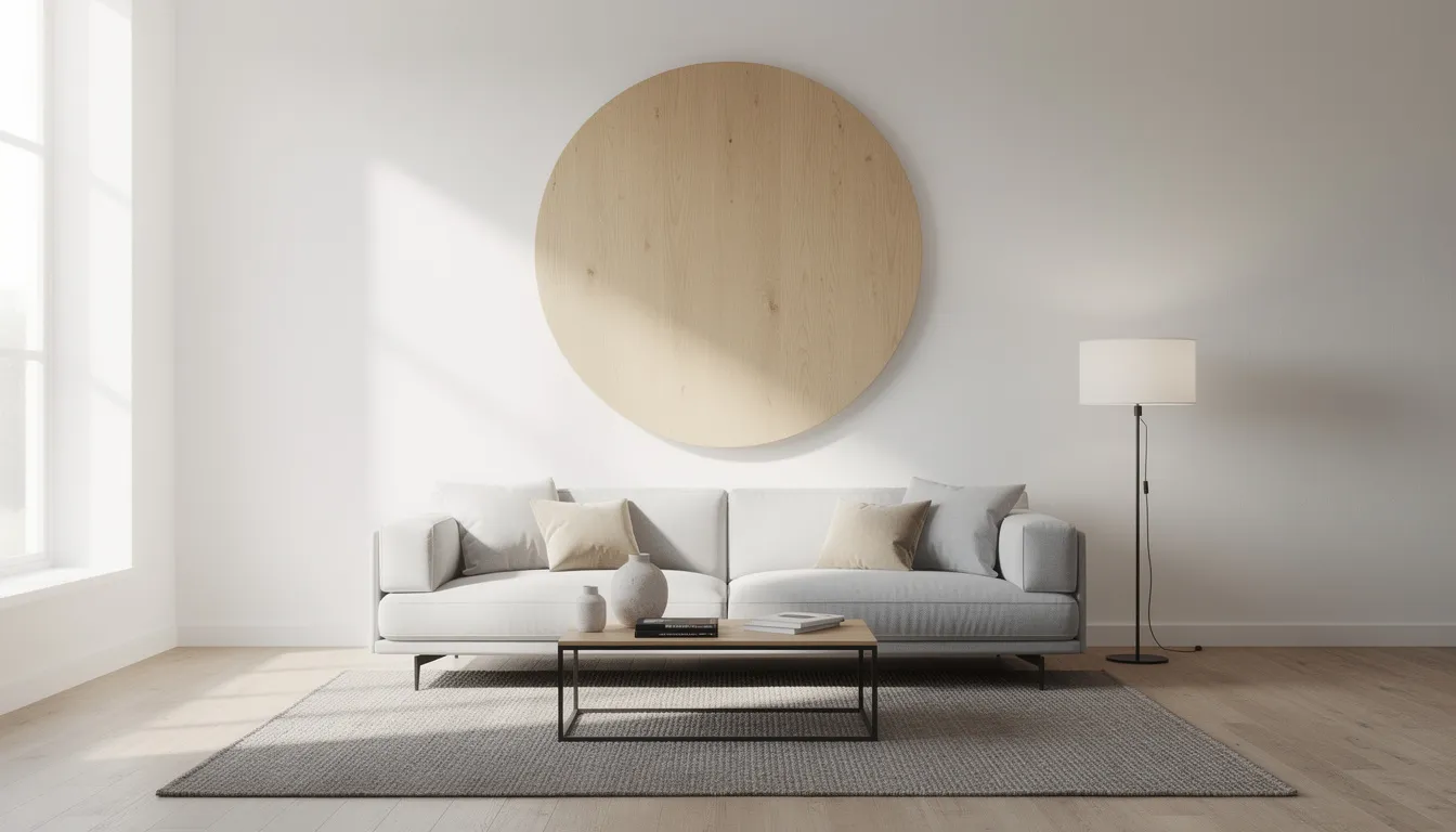 In de moderne woonkamer is een groot rond wandpaneel in naturel houtkleur te zien, dat boven een lichtgrijze designbank hangt. Dit unieke wandpaneel voegt een natuurlijke uitstraling en sfeer toe aan de inrichting van de ruimte.