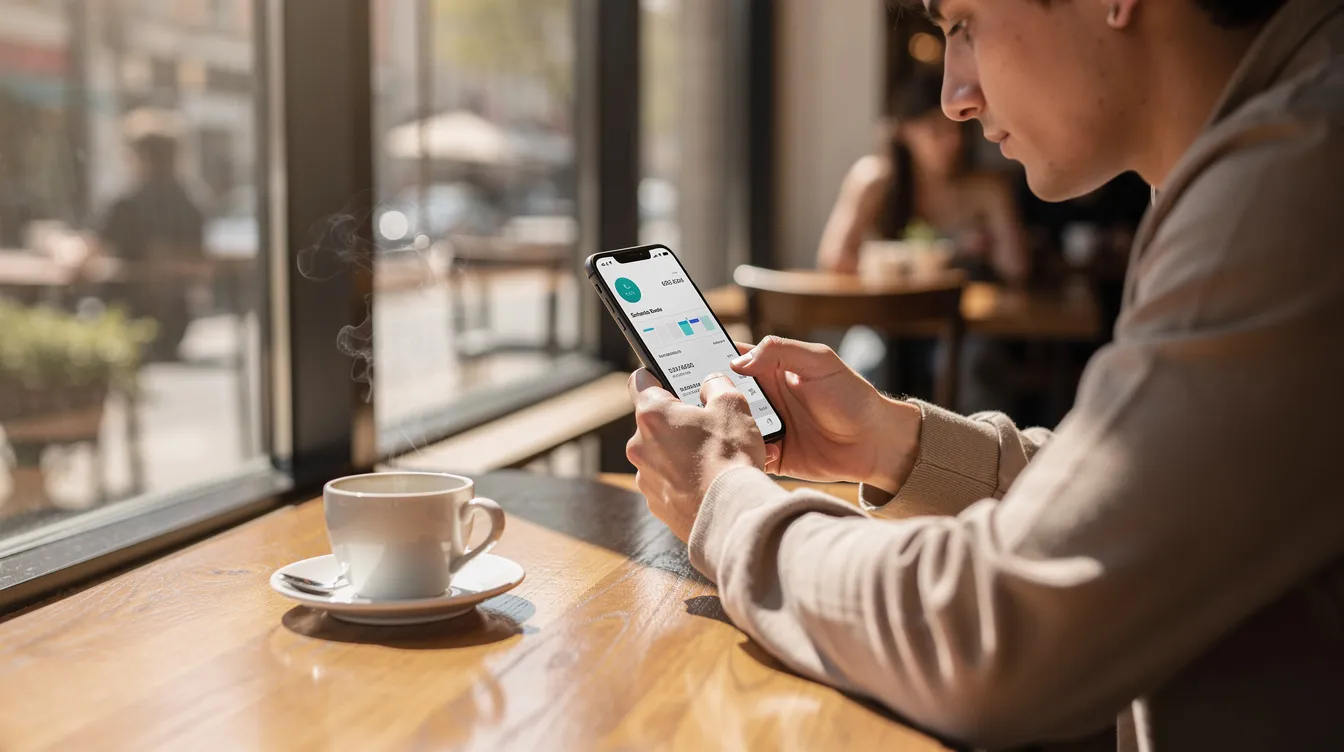 A person is seated at a cafe table, using a smartphone banking app while enjoying a cup of coffee. The image highlights the convenience of online banking in South Africa, showcasing how customers can manage their accounts and transactions effortlessly in a relaxed setting.