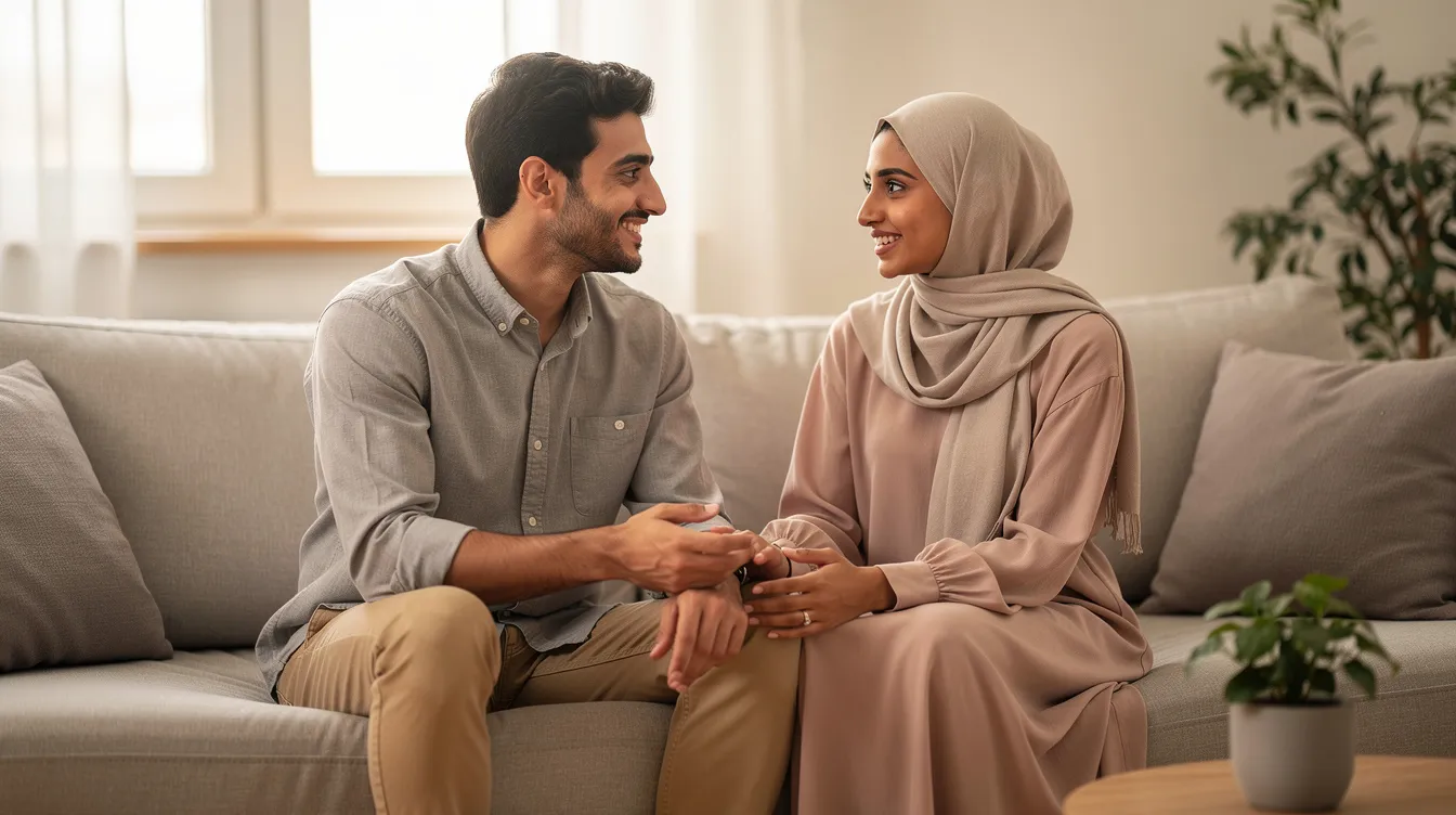 An Arab couple is depicted in a warm embrace, showcasing their strong relationship built on healthy communication and mutual respect. Their joyful expressions reflect a deep emotional connection, highlighting the importance of shared interests and personal growth in maintaining a meaningful life together.