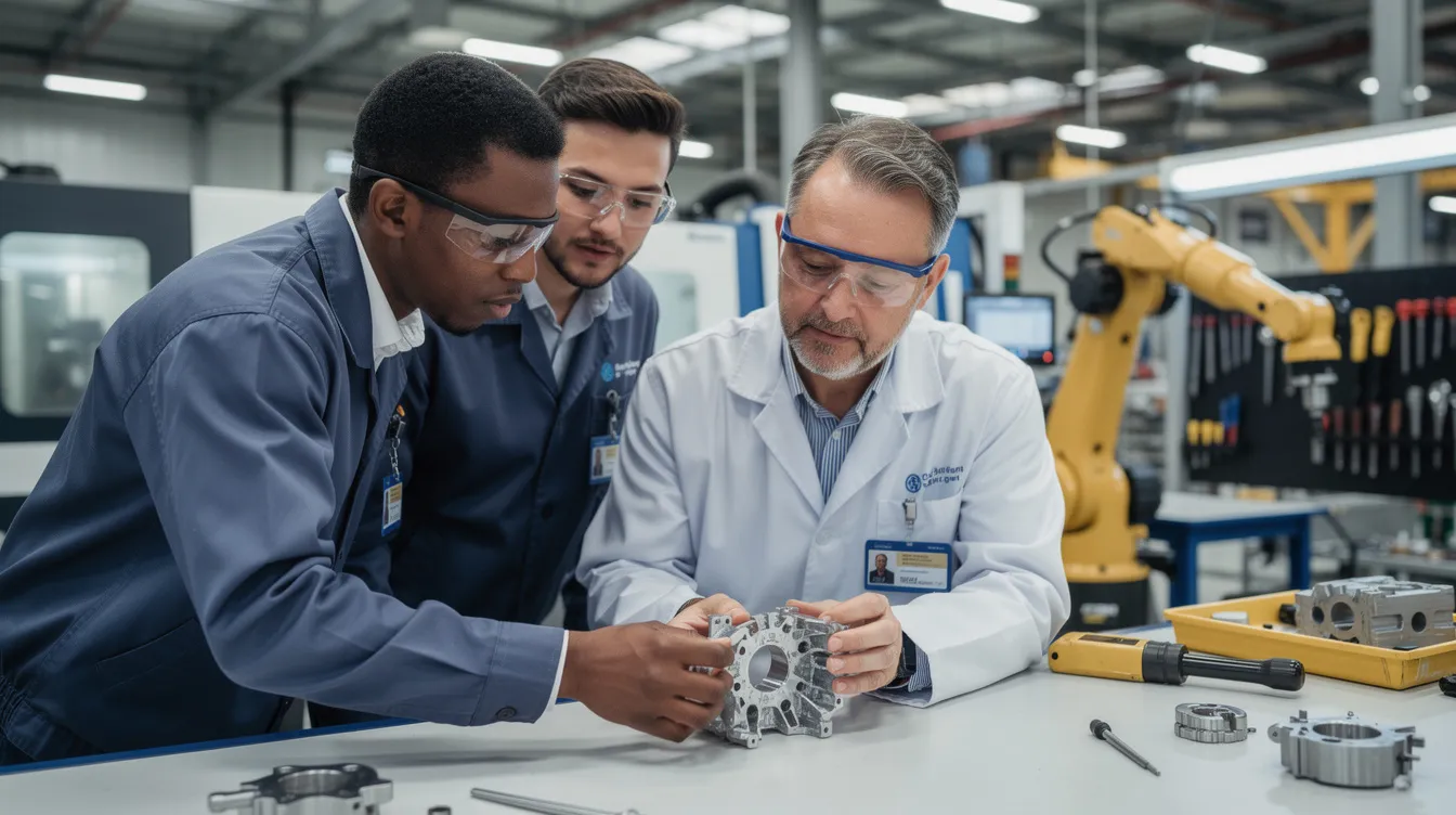 A team of engineers is closely examining a prototype component in a manufacturing facility, focusing on the innovative activities involved in the research and development process. Their collaboration aims to enhance operational processes and evaluate alternatives for new or improved products, potentially qualifying for R&D tax credits and significant tax savings.