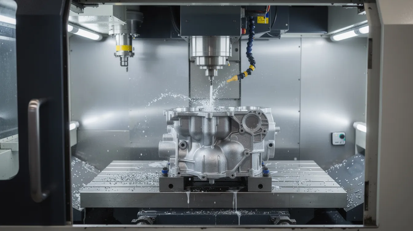 The image depicts a CNC machining center actively engaged in precision milling operations on an aluminum die cast housing. This process highlights advanced technology in the aluminum die casting industry, showcasing the intricate details of die casting parts being manufactured with high dimensional accuracy.