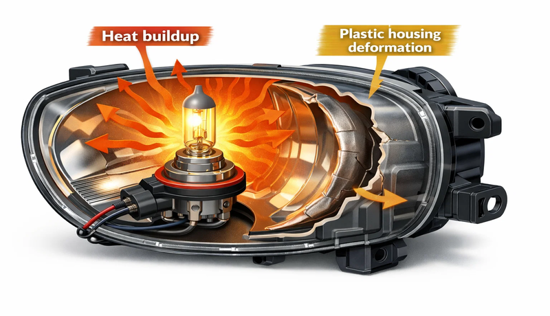 Cutaway of fog light housing showing heat buildup and plastic deformation