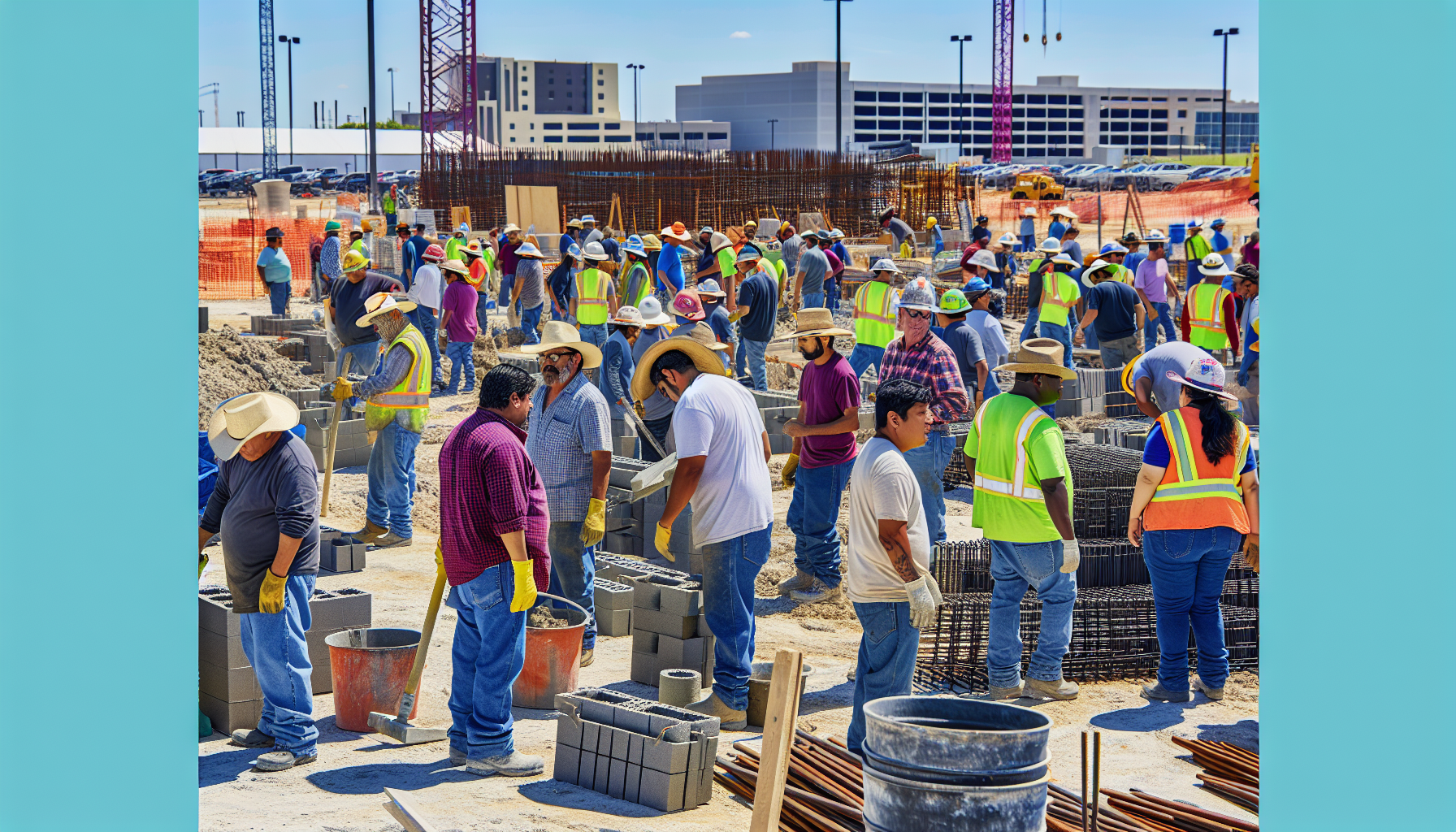 Construction site in Texas with workers and building materials