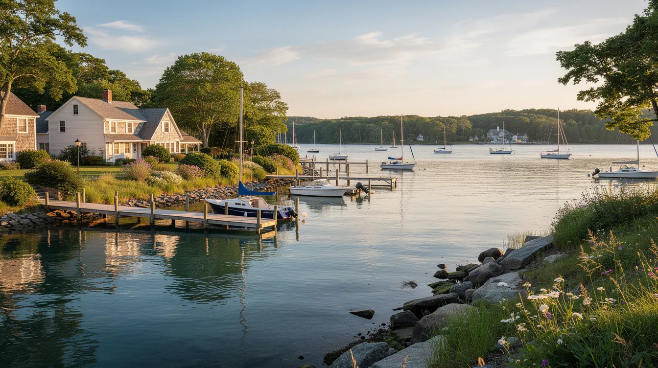 The image depicts a picturesque Connecticut shoreline harbor, bustling with boats and surrounded by lush summer greenery, showcasing the region's natural beauty and inviting atmosphere for coastal living. This scenic view reflects the appeal of waterfront properties and the vibrant local market, making it an ideal spot for serious buyers seeking desirable shoreline homes.