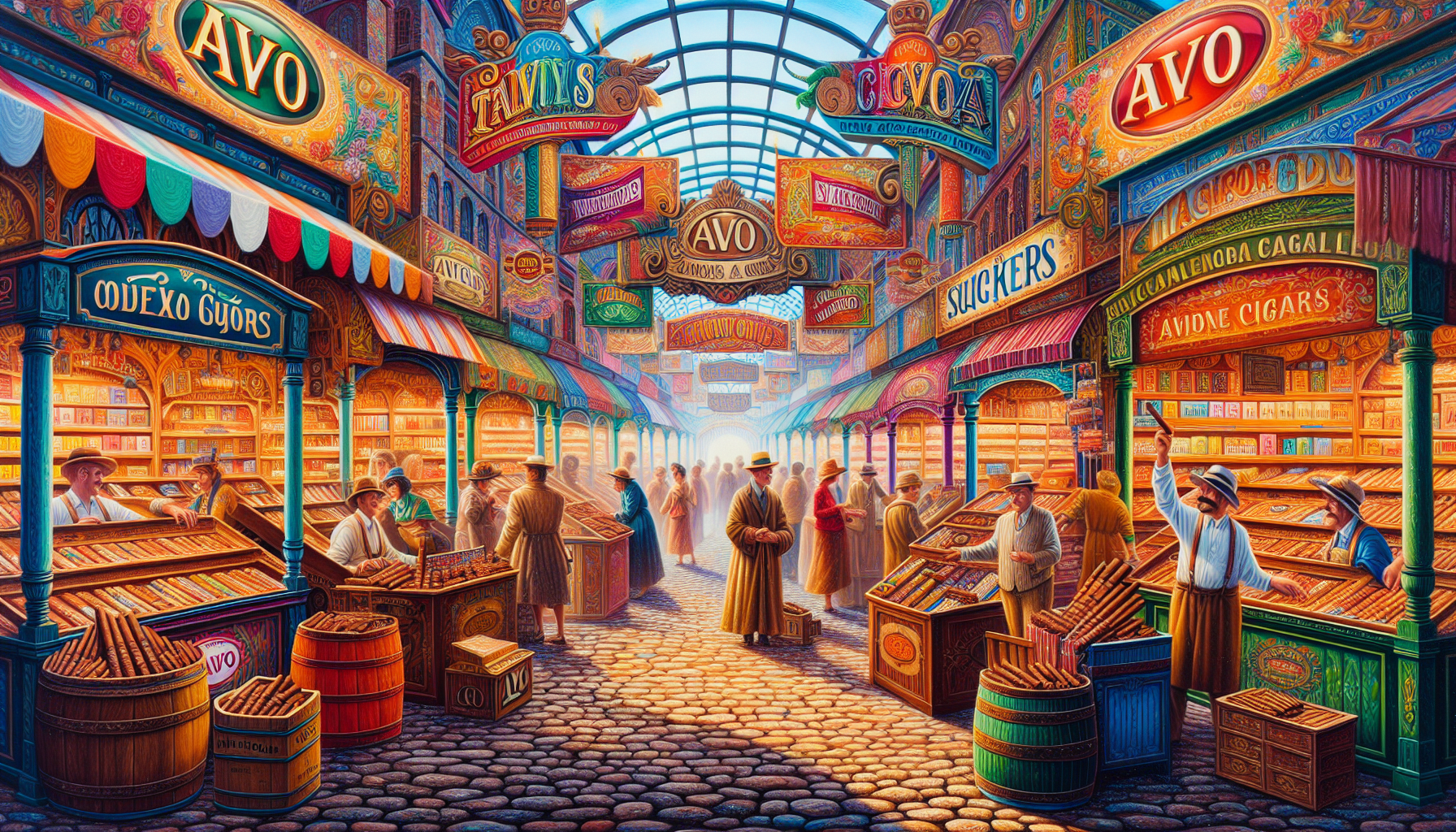 An artistic representation of a marketplace for Avo Cigars, highlighting where to buy them.