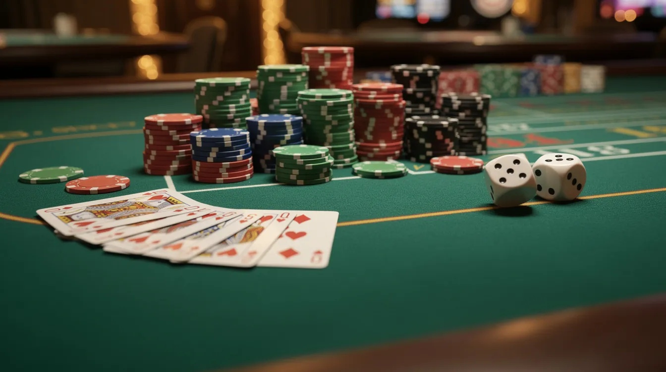 The image shows a vibrant casino table covered in green felt, featuring an assortment of colorful poker chips, neatly arranged playing cards, and a pair of dice, creating an inviting scene reminiscent of live casino games. This setup is typical of usa casinos that accept uk players, emphasizing the excitement found in the online gambling industry.