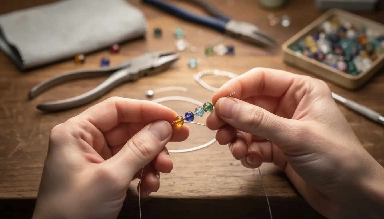 The image shows a pair of hands delicately threading colorful beads onto a sterling silver wire at a well-organized jewellery workbench, emphasizing the intricate craftsmanship involved in creating beautiful pieces. This scene reflects the attention to detail akin to mastering SEO techniques for enhancing a website's presence in search engine results.