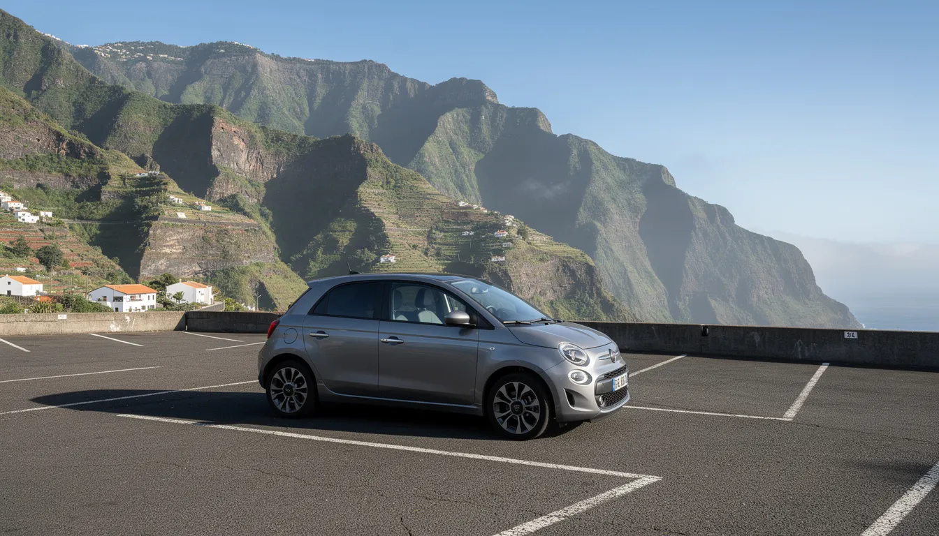 Une voiture compacte est garée sur un parking, offrant une vue imprenable sur les montagnes de Madère. Ce paysage spectaculaire met en valeur la beauté naturelle de l'île, idéale pour ceux qui envisagent une location de voiture pour explorer ses routes.