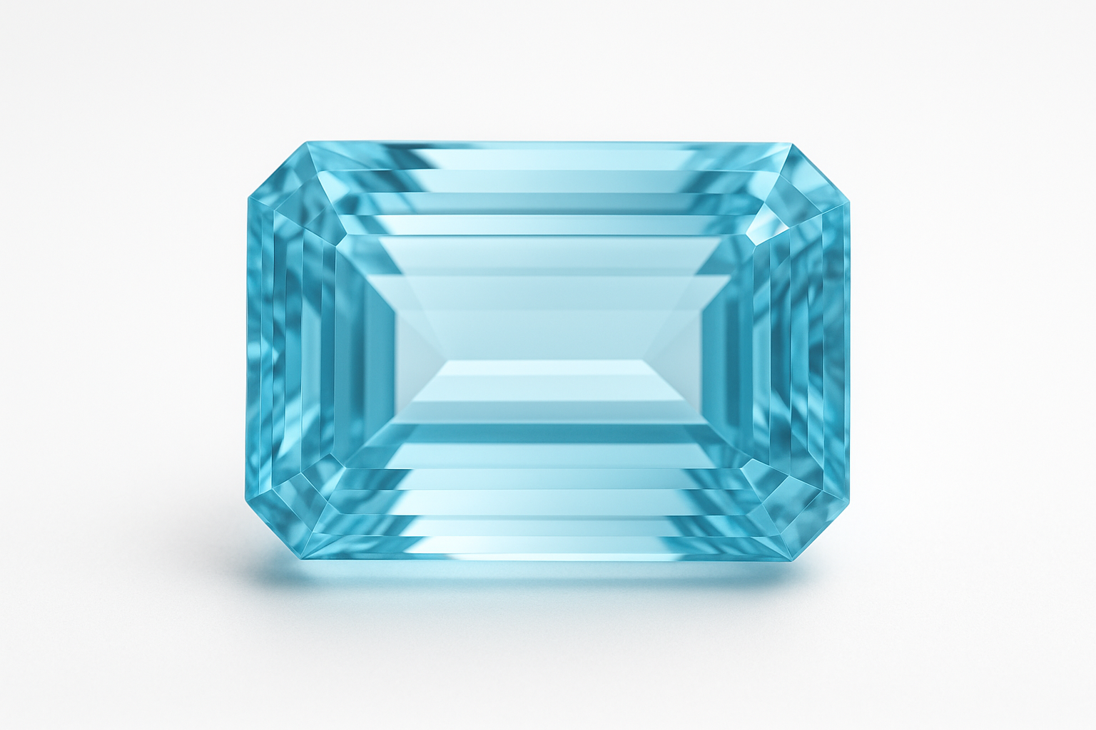 Šviesiai mėlynas smaragdo formos akvamarinas ant balto fono. Akmuo spindi jūros bangų spalva, pasižymi krištoline skaidra ir subtiliu švytėjimu, išryškinančiu jo precizišką šlifavimą