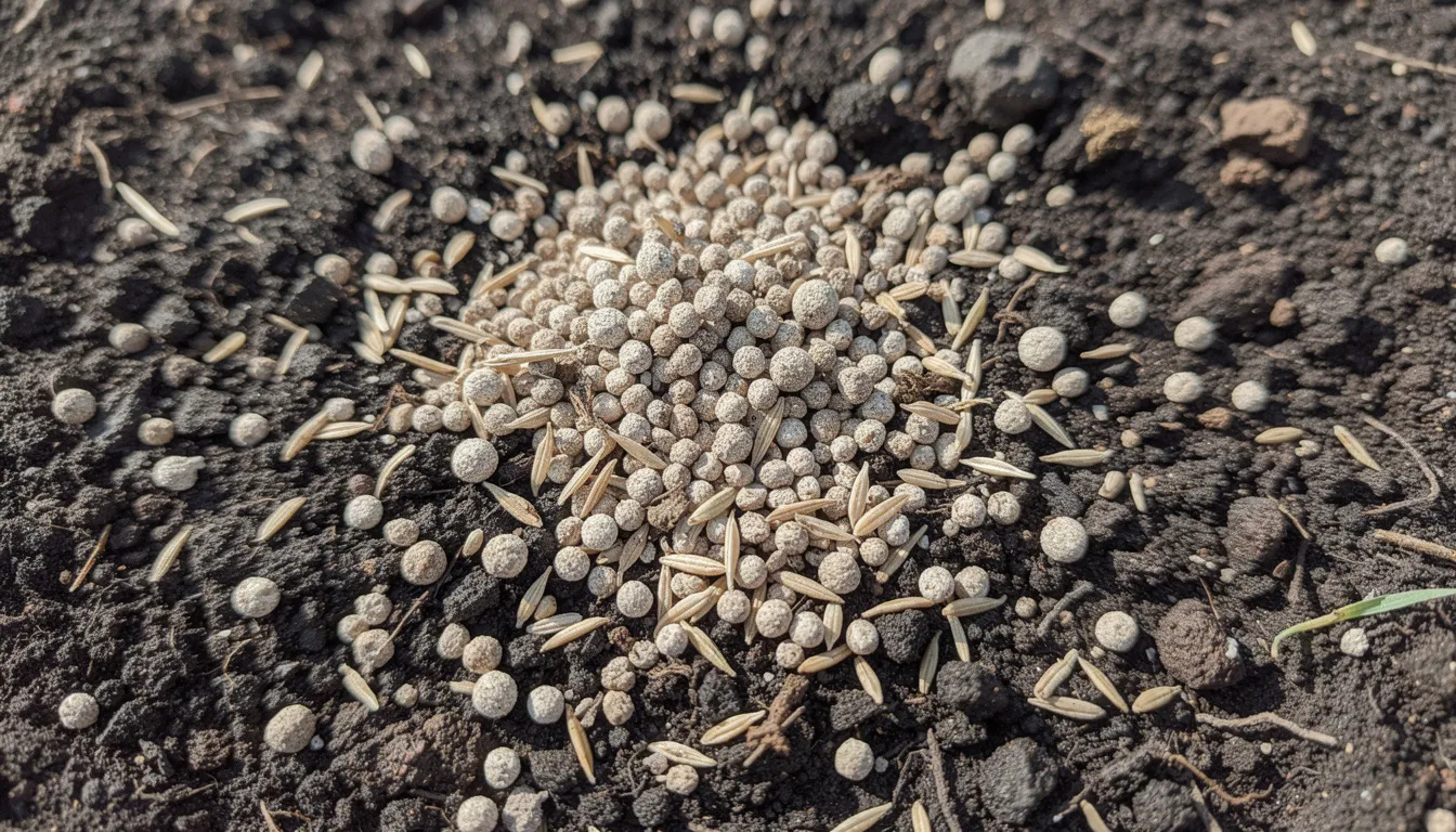 A close-up image shows a mixture of fertiliser granules and grass seed resting on dark soil, highlighting the nutrients essential for promoting new grass growth and maintaining a healthy lawn. This combination is ideal for enhancing the strength of the root system during the growing season.